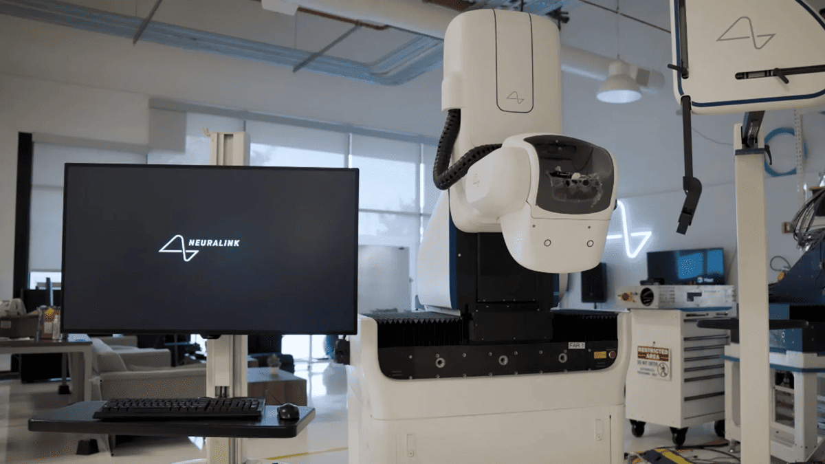 Neuralink's R1 surgical robot in the company's lab.